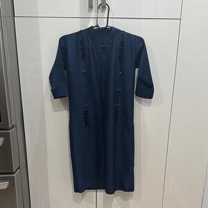 Navy Blue V-Neck Dress with Embellishments